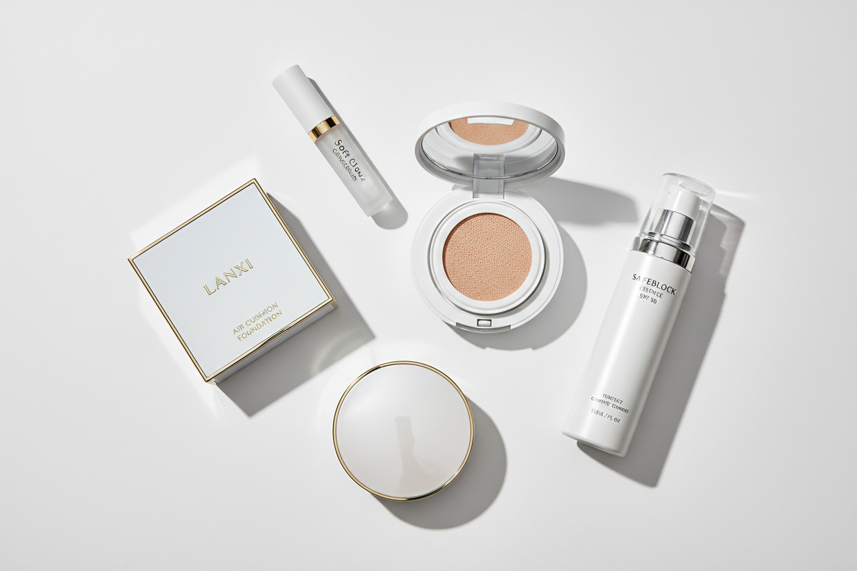 create an image of bundle inlcuding these proudcts ("Air Cushion SoftMist Foundation

Lanxi Air Cushion Foundation

Soft Cloud Concealer

Perfect Compact Powder

Safeblock Essence SPF 50")